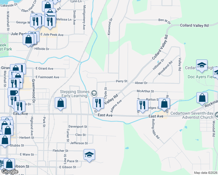 map of restaurants, bars, coffee shops, grocery stores, and more near 139 Clyde Street in Cedartown