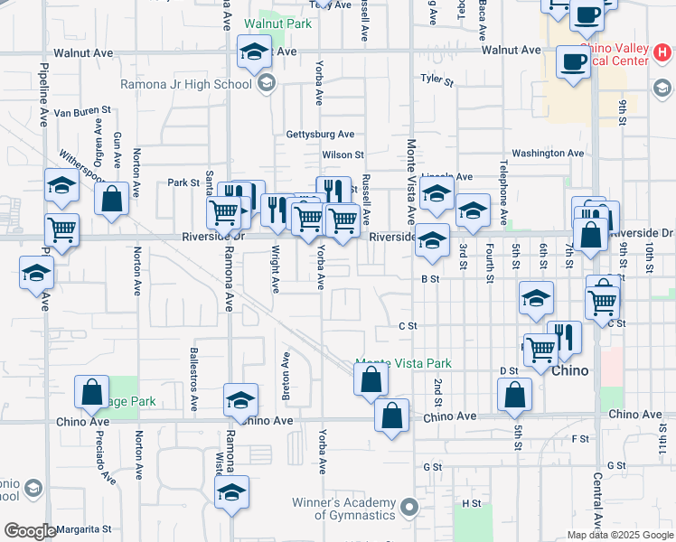 map of restaurants, bars, coffee shops, grocery stores, and more near 4718 Oceanside Drive in Chino