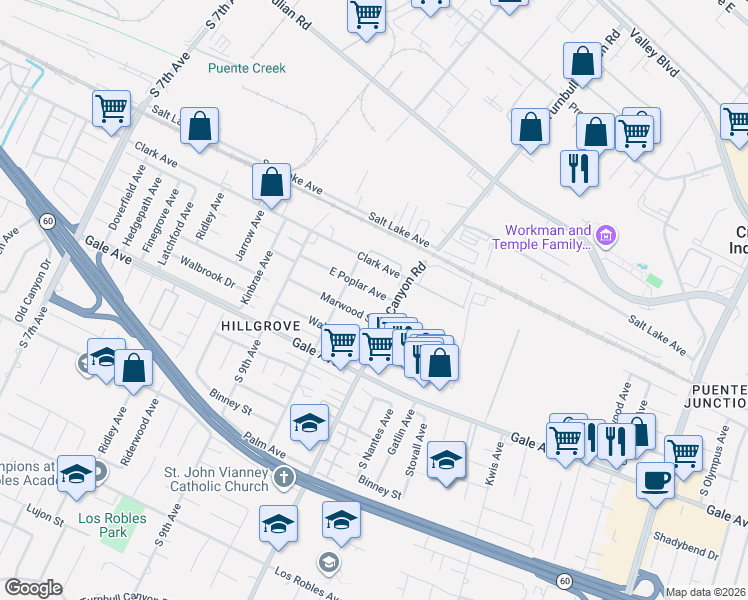 map of restaurants, bars, coffee shops, grocery stores, and more near 15151 Marwood Street in Hacienda Heights