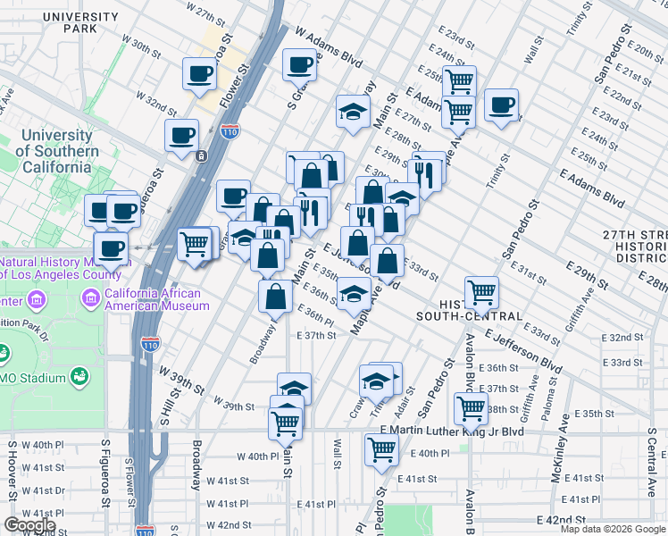 map of restaurants, bars, coffee shops, grocery stores, and more near 146 East 35th Street in Los Angeles