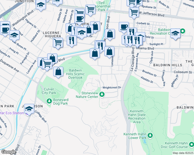 map of restaurants, bars, coffee shops, grocery stores, and more near 6003 Wrightcrest Drive in Culver City