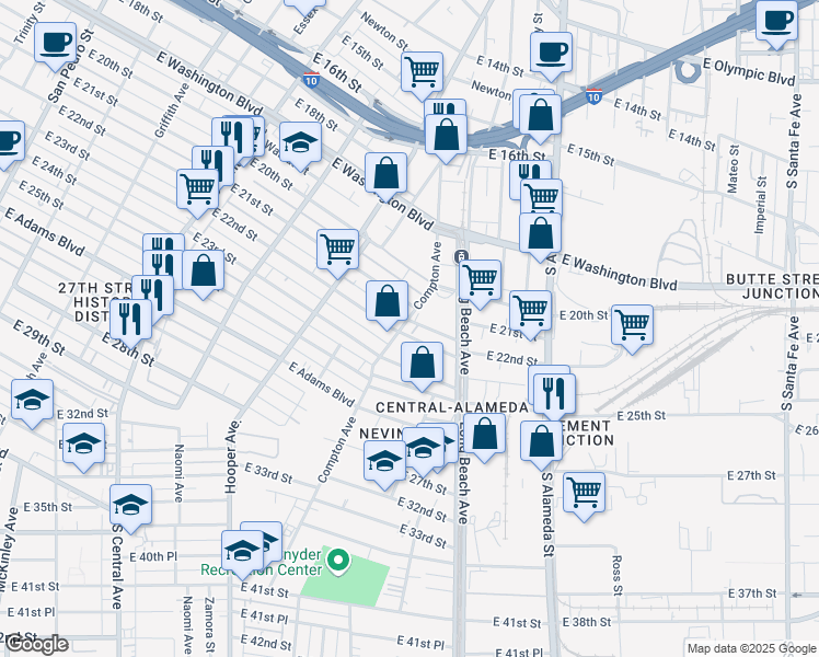 map of restaurants, bars, coffee shops, grocery stores, and more near 1620 East 22nd Street in Los Angeles