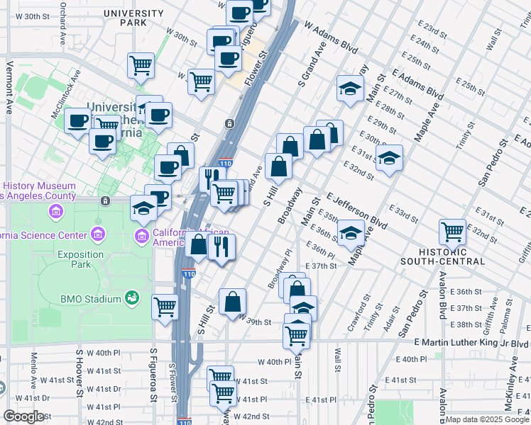 map of restaurants, bars, coffee shops, grocery stores, and more near 3500 South Hill Street in Los Angeles