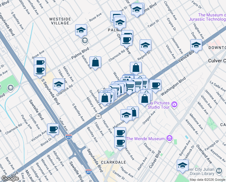map of restaurants, bars, coffee shops, grocery stores, and more near 3759 Midvale Avenue in Los Angeles