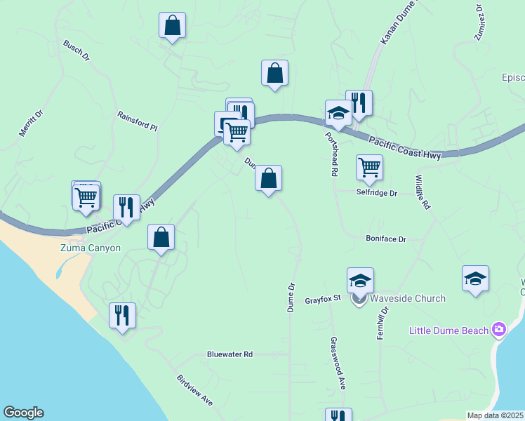 map of restaurants, bars, coffee shops, grocery stores, and more near 29201 Larkspur Lane in Malibu