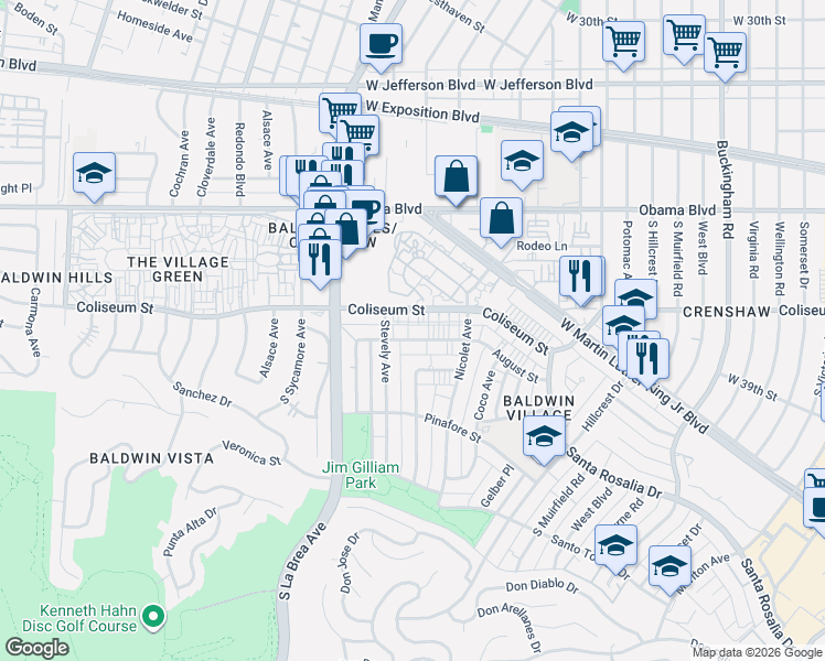 map of restaurants, bars, coffee shops, grocery stores, and more near 4908 August Street in Los Angeles