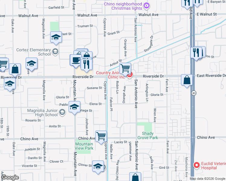 map of restaurants, bars, coffee shops, grocery stores, and more near 13026 Robin Lane in Chino