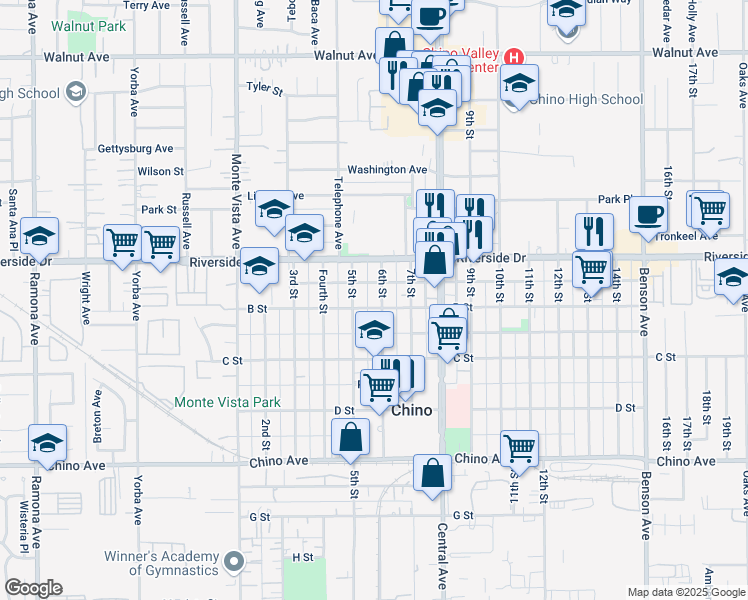 map of restaurants, bars, coffee shops, grocery stores, and more near 13007 6th Street in Chino