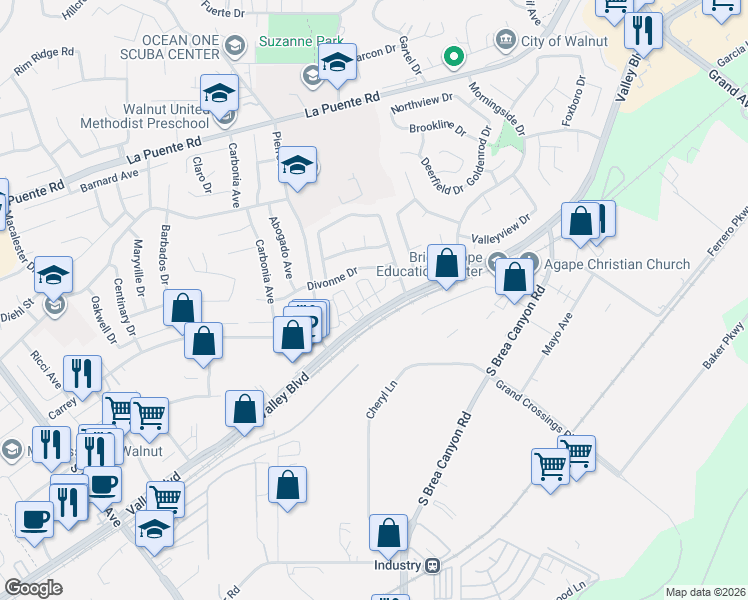 map of restaurants, bars, coffee shops, grocery stores, and more near 21017 Commerce Pointe Drive in Walnut