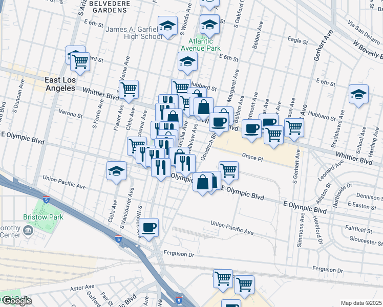 map of restaurants, bars, coffee shops, grocery stores, and more near 1101 South Hillview Avenue in East Los Angeles