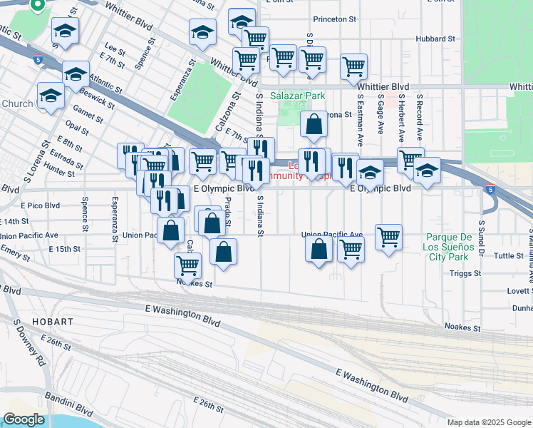 map of restaurants, bars, coffee shops, grocery stores, and more near 1263 South Indiana Street in Los Angeles