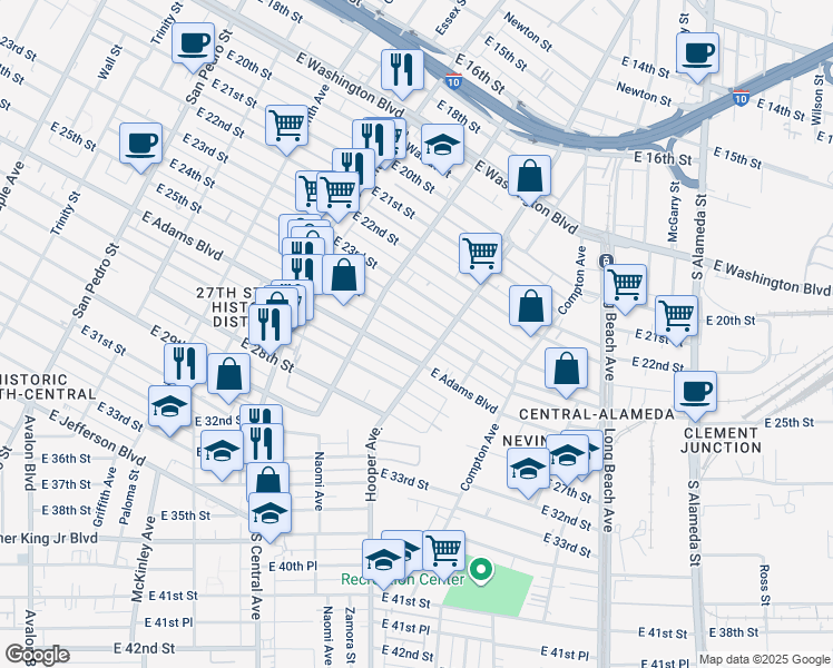 map of restaurants, bars, coffee shops, grocery stores, and more near 1253 East Adams Boulevard in Los Angeles