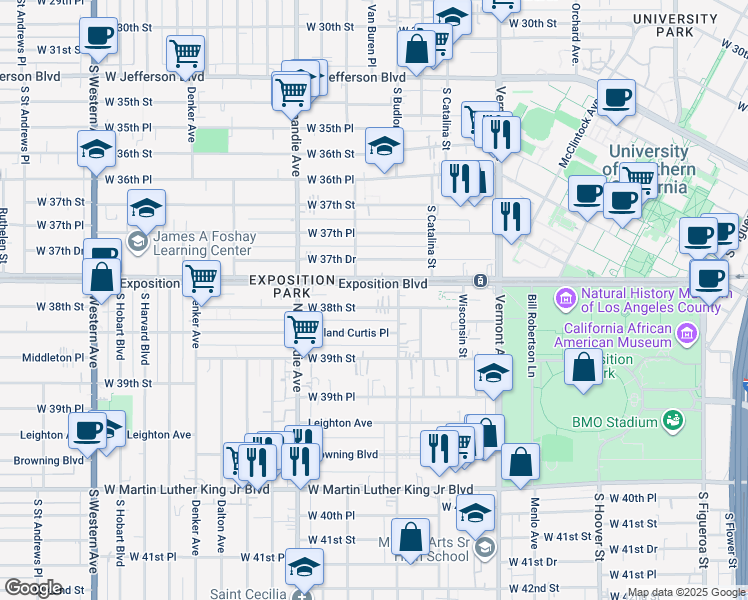 map of restaurants, bars, coffee shops, grocery stores, and more near 1200 West 38th Street in Los Angeles