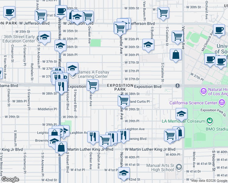 map of restaurants, bars, coffee shops, grocery stores, and more near 1358 West 38th Street in Los Angeles