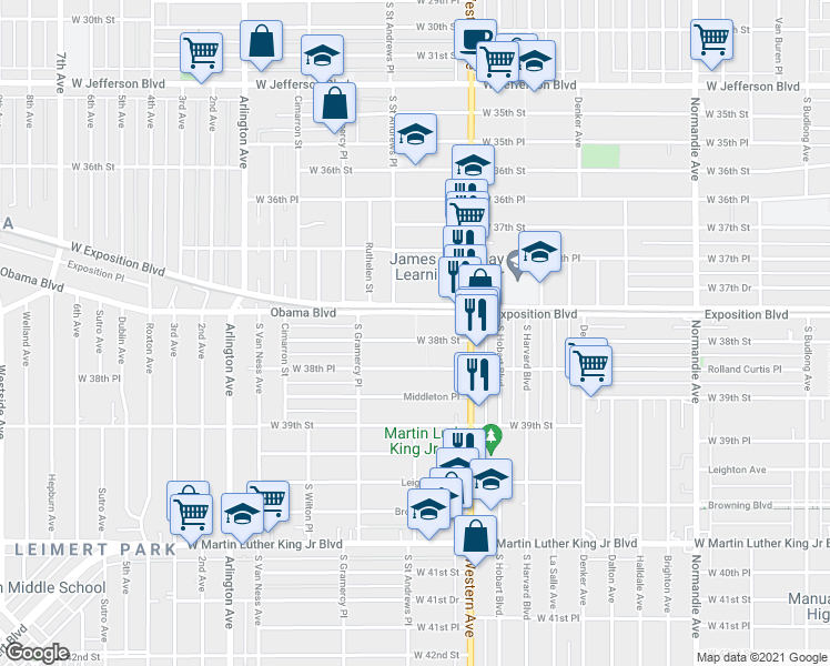 map of restaurants, bars, coffee shops, grocery stores, and more near 3806 South Saint Andrews Place in Los Angeles