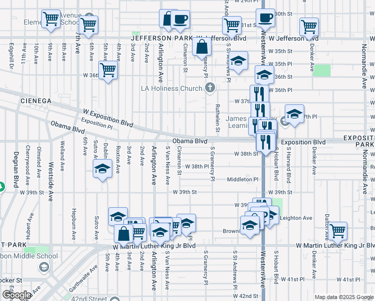 map of restaurants, bars, coffee shops, grocery stores, and more near 1860 West 38th Street in Los Angeles