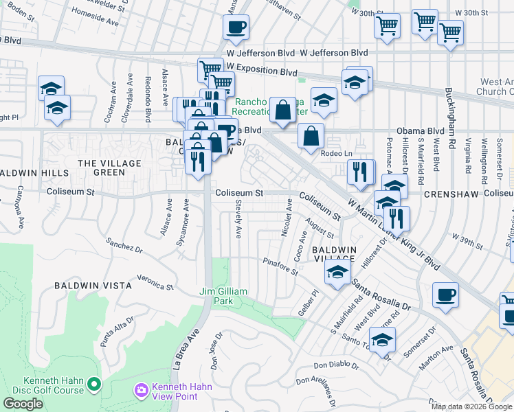 map of restaurants, bars, coffee shops, grocery stores, and more near 4908 August Street in Los Angeles
