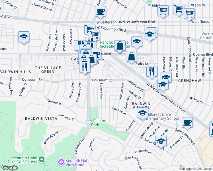 map of restaurants, bars, coffee shops, grocery stores, and more near 4908 August Street in Los Angeles