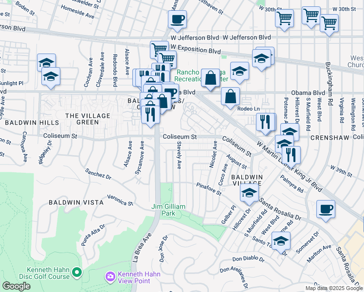 map of restaurants, bars, coffee shops, grocery stores, and more near 4908 August Street in Los Angeles