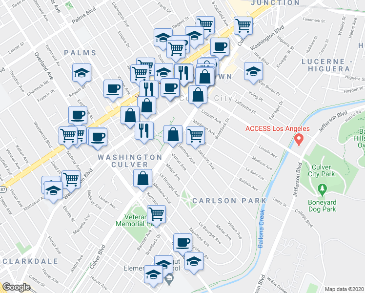 map of restaurants, bars, coffee shops, grocery stores, and more near 4152 Jasmine Avenue in Culver City