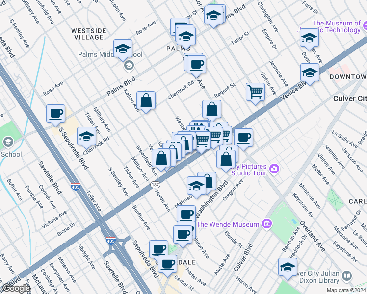 map of restaurants, bars, coffee shops, grocery stores, and more near in Los Angeles
