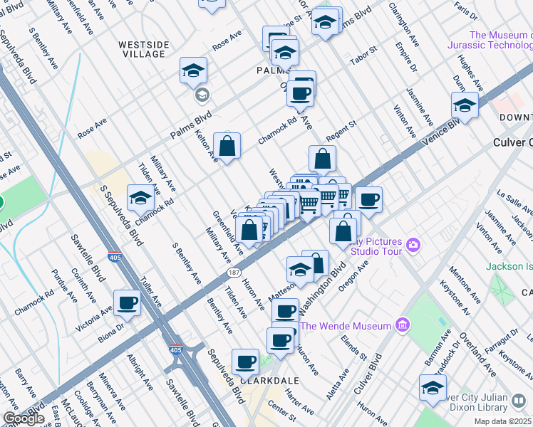 map of restaurants, bars, coffee shops, grocery stores, and more near 3759 Midvale Avenue in Los Angeles