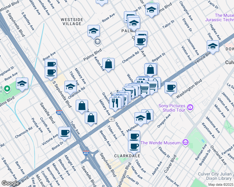 map of restaurants, bars, coffee shops, grocery stores, and more near 3735 Kelton Avenue in Los Angeles