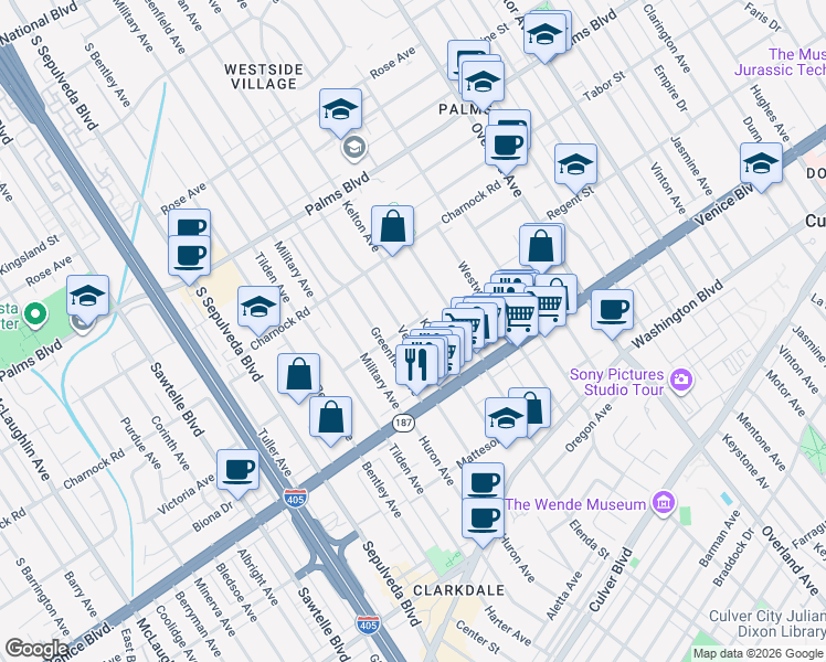 map of restaurants, bars, coffee shops, grocery stores, and more near 3735 Kelton Avenue in Los Angeles