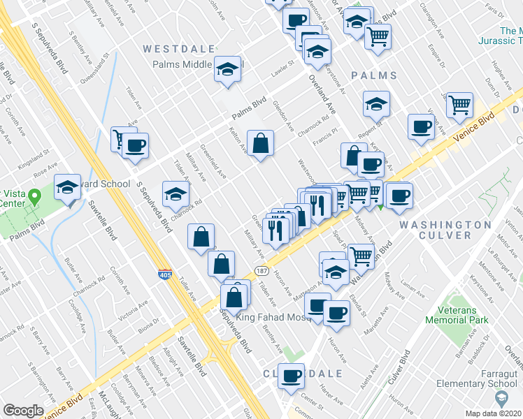 map of restaurants, bars, coffee shops, grocery stores, and more near 3708 Greenfield Avenue in Los Angeles