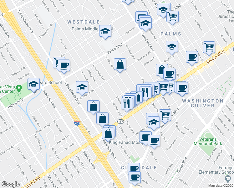 map of restaurants, bars, coffee shops, grocery stores, and more near 3708 Greenfield Avenue in Los Angeles