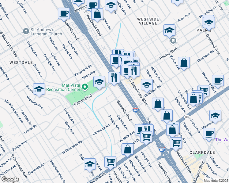 map of restaurants, bars, coffee shops, grocery stores, and more near 11286 Westminster Avenue in Los Angeles