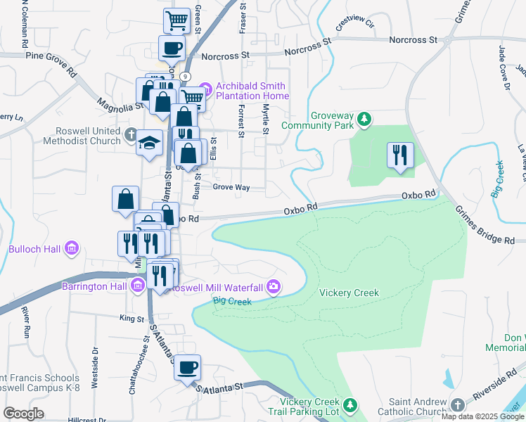 map of restaurants, bars, coffee shops, grocery stores, and more near 172 Oxbo Road in Roswell