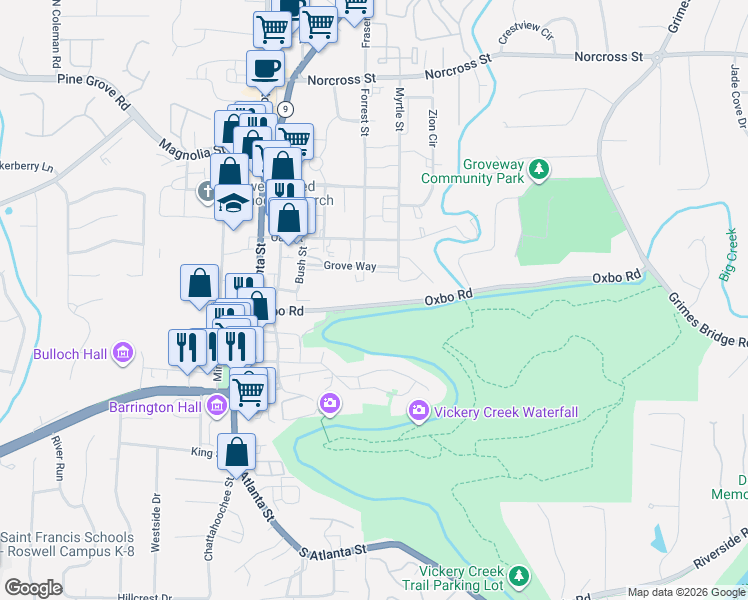 map of restaurants, bars, coffee shops, grocery stores, and more near 160 Oxbo Road in Roswell
