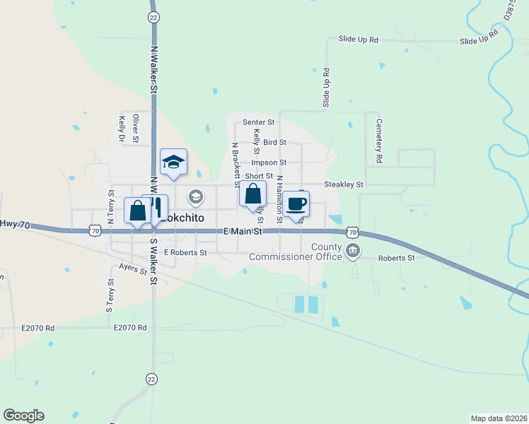 map of restaurants, bars, coffee shops, grocery stores, and more near 106 Kelly Street in Bokchito