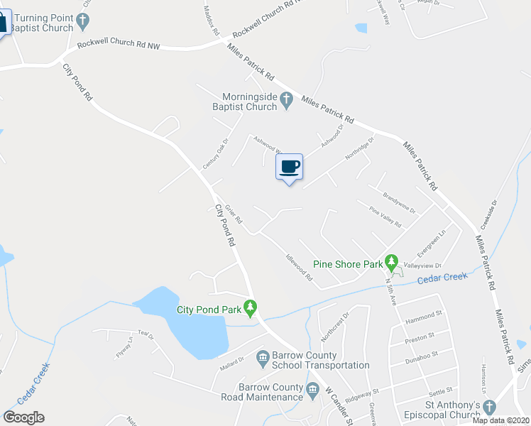 map of restaurants, bars, coffee shops, grocery stores, and more near 917 Dogwood Lane in Winder