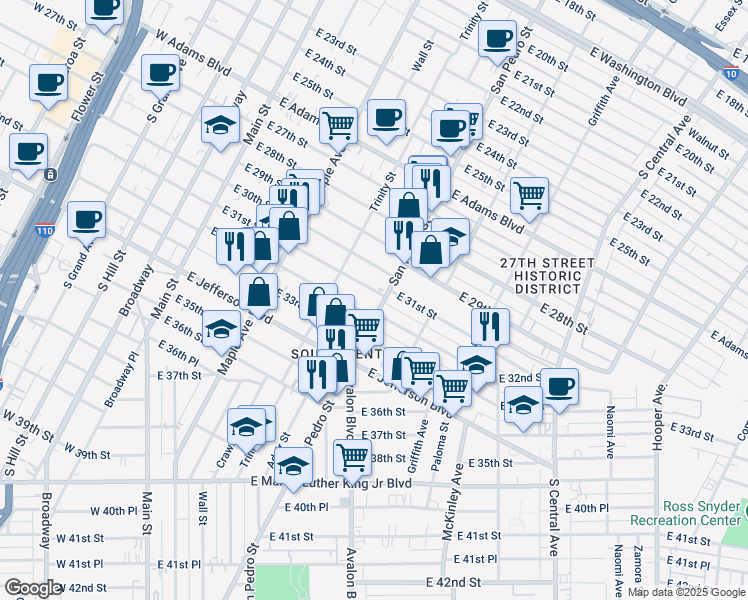 map of restaurants, bars, coffee shops, grocery stores, and more near 3201 San Pedro Street in Los Angeles