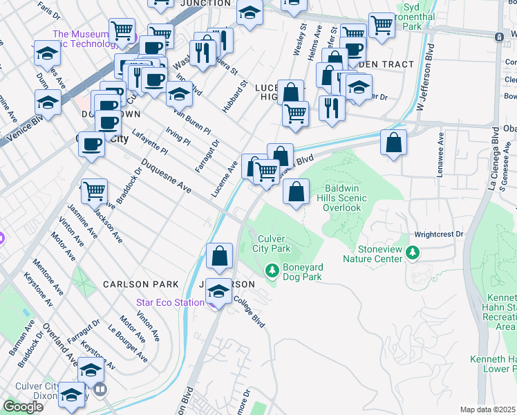 map of restaurants, bars, coffee shops, grocery stores, and more near 9600 Jefferson Boulevard in Culver City