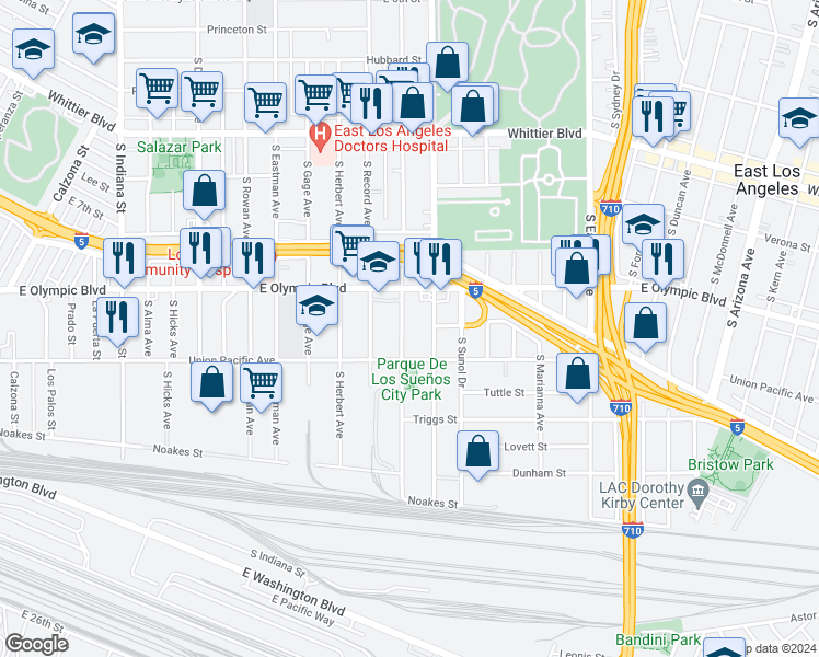 map of restaurants, bars, coffee shops, grocery stores, and more near 1244 3/4 South Bonnie Beach Place in Los Angeles