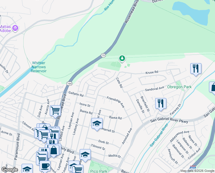 map of restaurants, bars, coffee shops, grocery stores, and more near 3754 Durfee Avenue in Pico Rivera