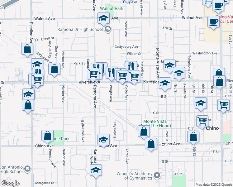 map of restaurants, bars, coffee shops, grocery stores, and more near 12976 Rhodes Place in Chino