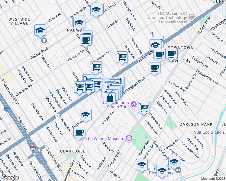 map of restaurants, bars, coffee shops, grocery stores, and more near in Los Angeles