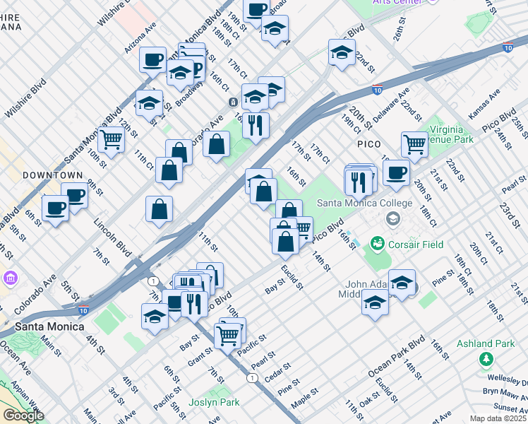 map of restaurants, bars, coffee shops, grocery stores, and more near 1834 14th Street in Santa Monica