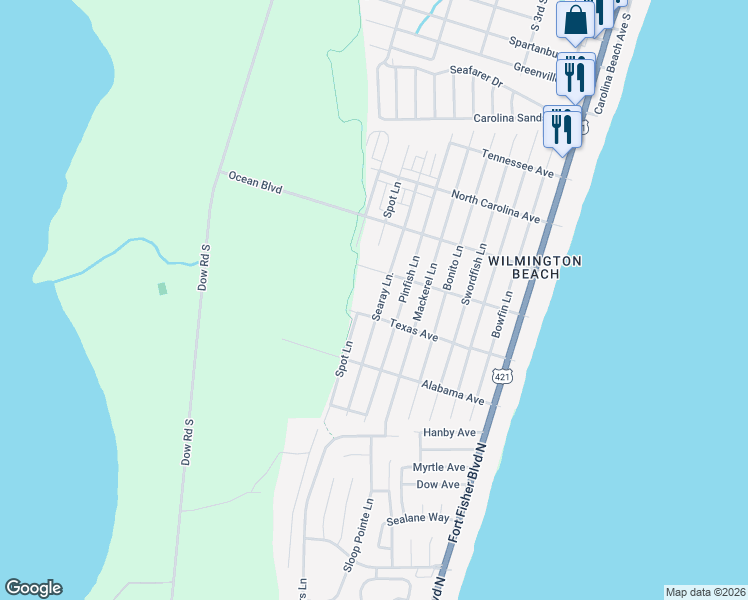 map of restaurants, bars, coffee shops, grocery stores, and more near 800 Texas Avenue in Carolina Beach