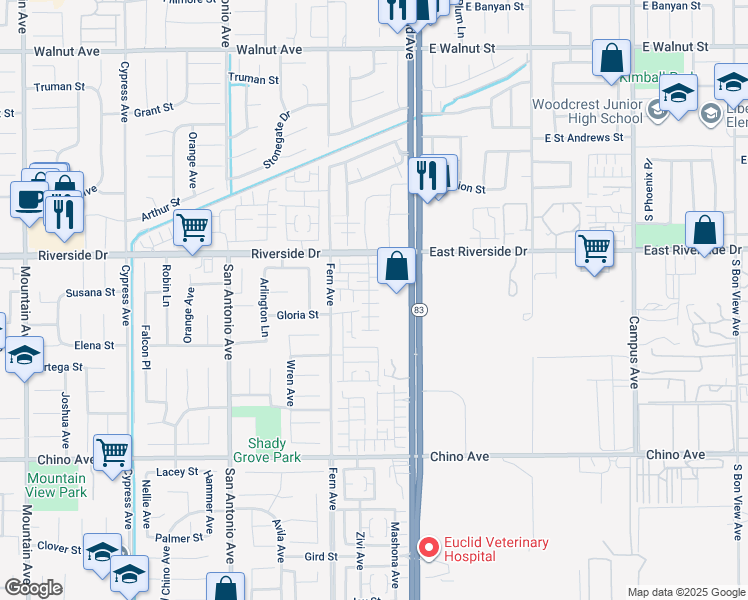 map of restaurants, bars, coffee shops, grocery stores, and more near 12981 Waterlily Way in Chino