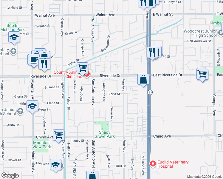 map of restaurants, bars, coffee shops, grocery stores, and more near 6843 Renato Court in Chino