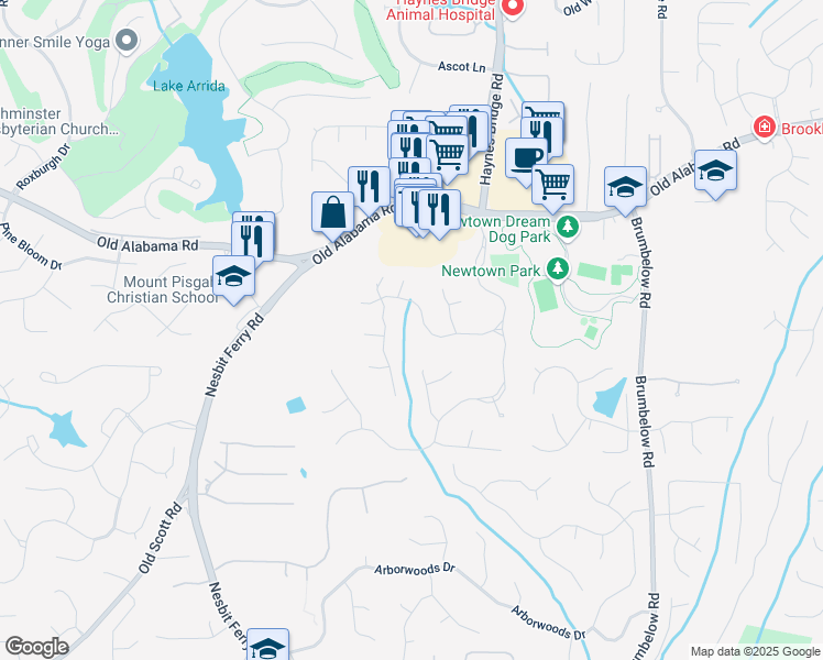 map of restaurants, bars, coffee shops, grocery stores, and more near 3000 Leeds Garden Lane in Alpharetta