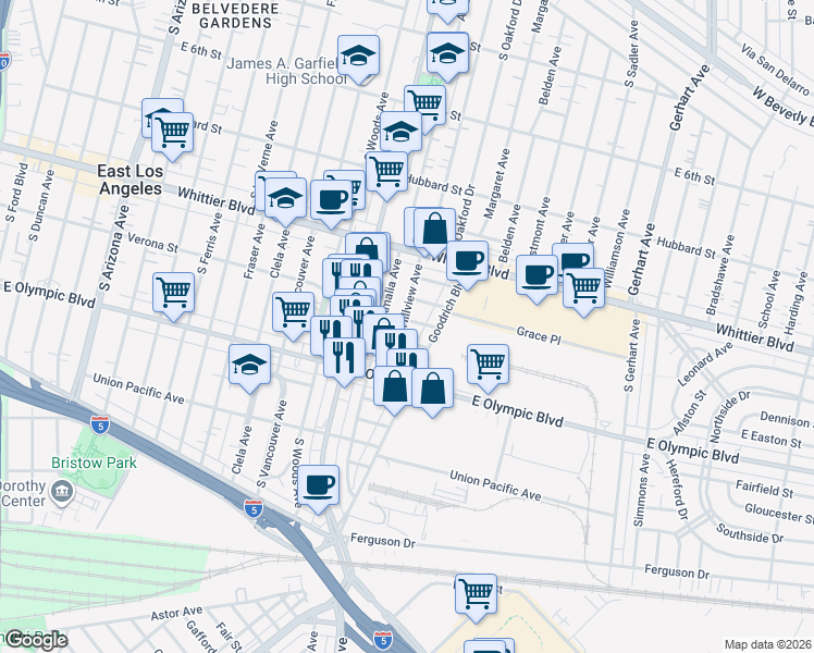 map of restaurants, bars, coffee shops, grocery stores, and more near 5350 Verona Street in East Los Angeles