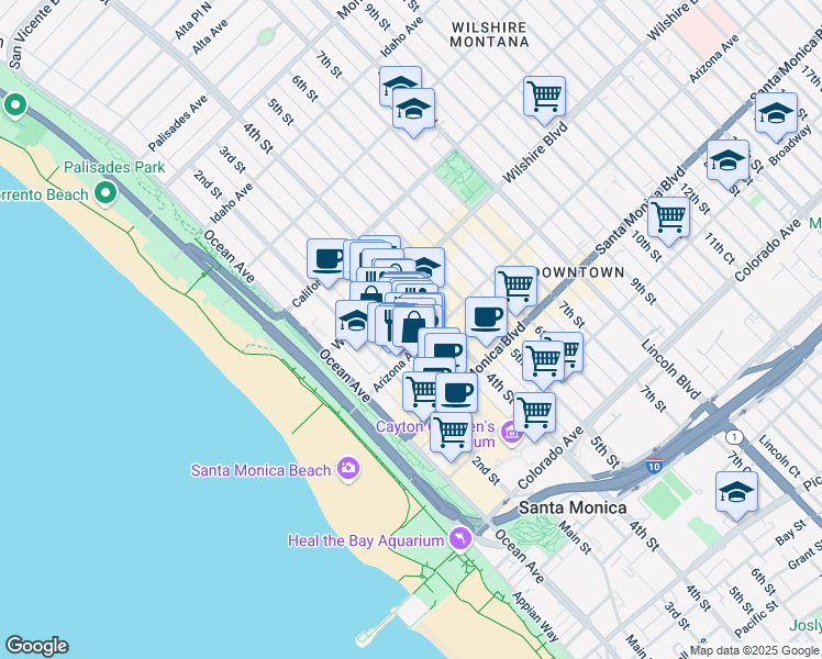 map of restaurants, bars, coffee shops, grocery stores, and more near 1351 3rd Street Promenade in Santa Monica
