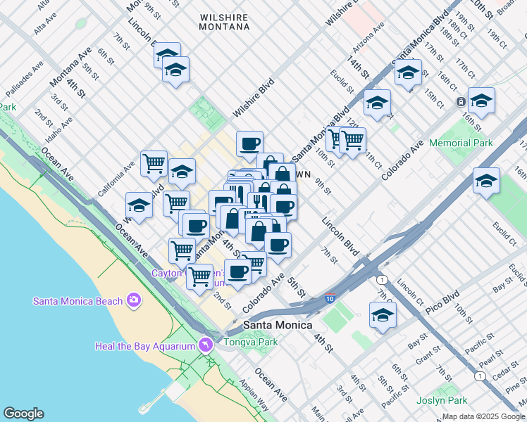 map of restaurants, bars, coffee shops, grocery stores, and more near 1423 6th Street in Santa Monica