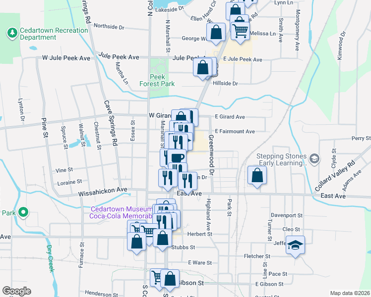 map of restaurants, bars, coffee shops, grocery stores, and more near 302 North Main Street in Cedartown